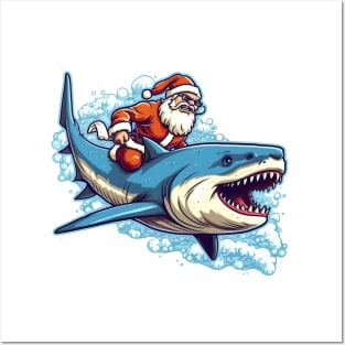 Santa Claus riding a shark Posters and Art